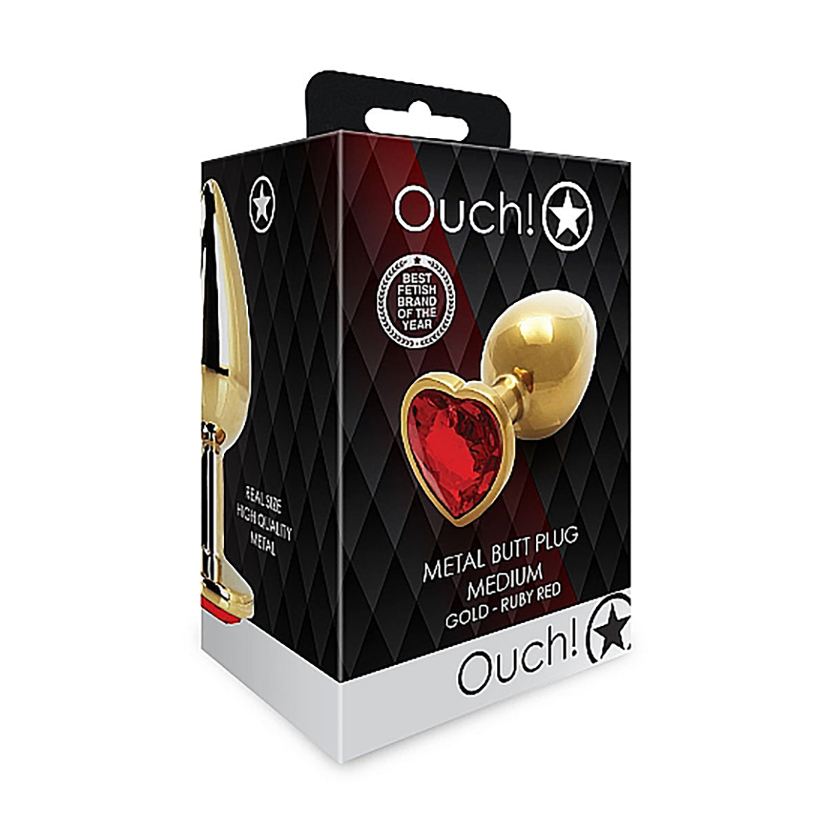 Shots Ouch! Heart Gem Butt Plug Medium - Gold/Ruby Red